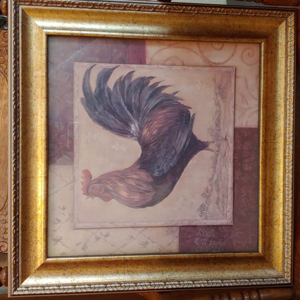Rooster 2 dimensional picture gold speckled frame painted